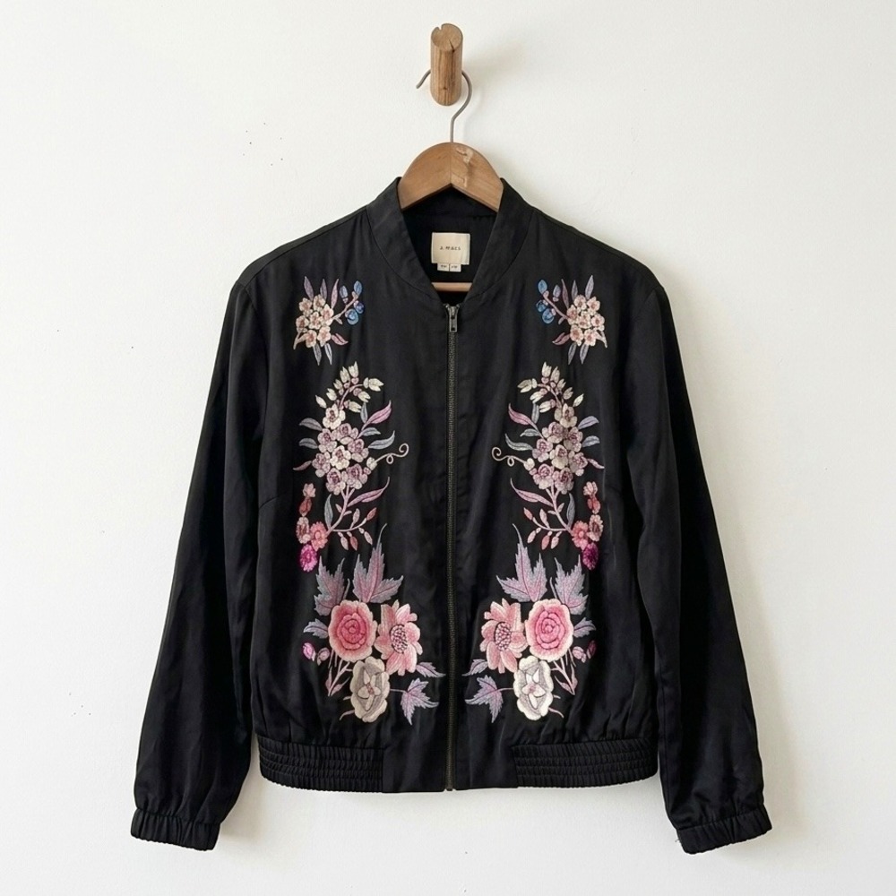 A.Moss Black Floral‎ Embroidered Bomber Jacket Womens XS Lyocell Viscose Zip Up
